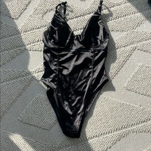 Black one piece bodysuit satin finish